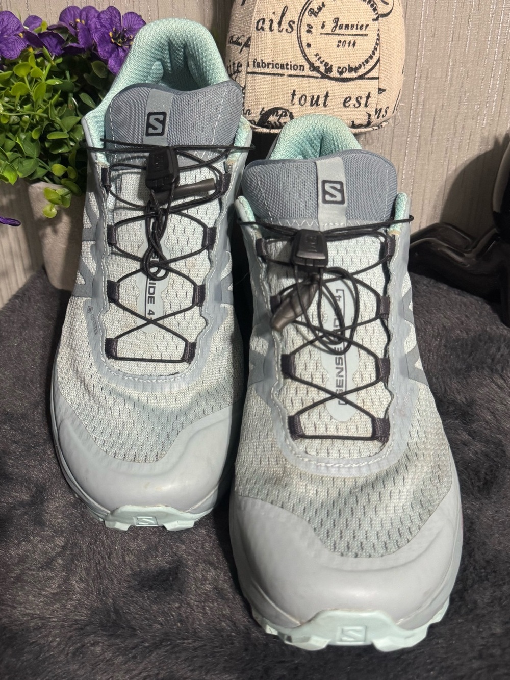 Salomon Sense Ride 4 Trail Running Shoes Gray Mint Quicklace Size 7.5
